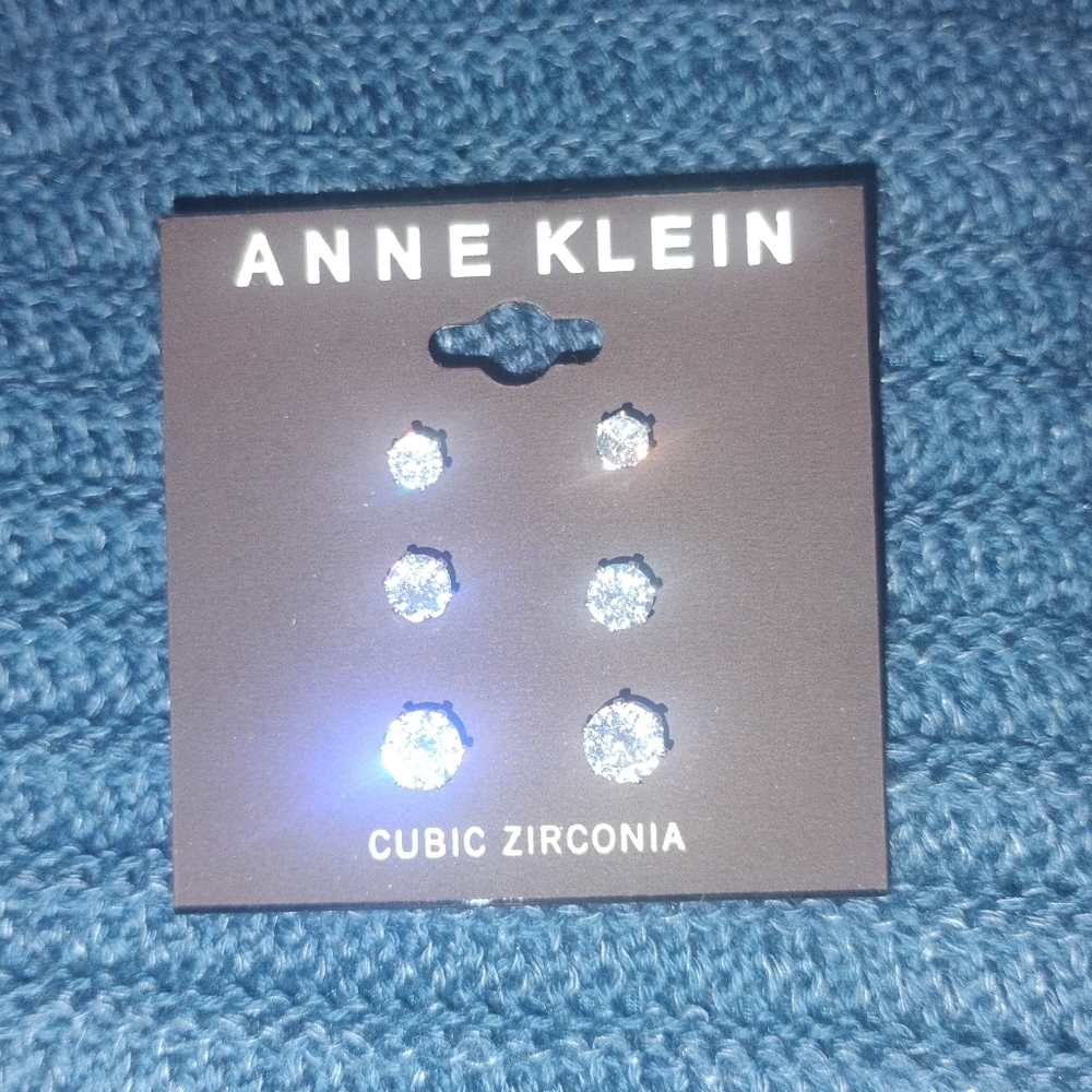 Anne Klein Silver Cubic Zirconia Stud Earrings Gift Set 3 Pairs NWT - Picture 2 of 6